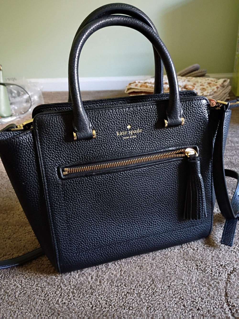 Kate Spade Black Pebbled Leather Satchel with Tassel